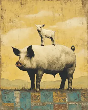 Kid Goat on Pig Vintage Farm Life Farmcore Art Print - 8"x10" Artwork