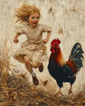 Girl Running from Rooster Vintage Farm Life Farmcore Art Print - 8"x10" Artwork