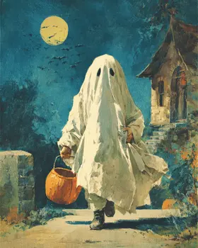 Scared Ghost Running from Haunted House Halloween Art Print - 8"x10" Artwork