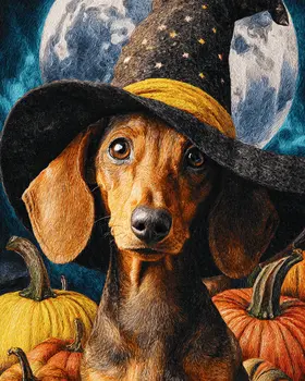 Dachshund Witch Halloween Art Print - 8"x10" Artwork