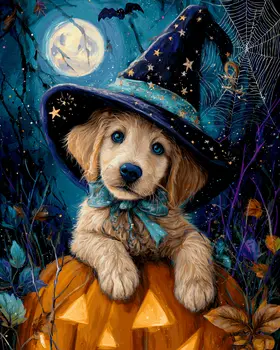 Puppy Wizard Halloween Art Print - 8"x10" Artwork