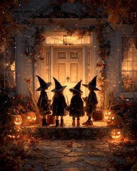 Four Witches Trick or Treating Halloween Art Print - 8"x10" Artwork