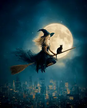 Black Cat Riding with Her Witch Halloween Art Print - 8"x10" Artwork