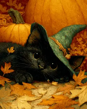 Exhaused Black Cat Witch Halloween Art Print - 8"x10" Artwork