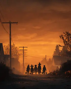 Trick or Treaters Heading Home Halloween Art Print - 8"x10" Artwork