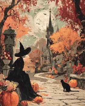 Witch & Black Cat Waiting Halloween Art Print - 8"x10" Artwork