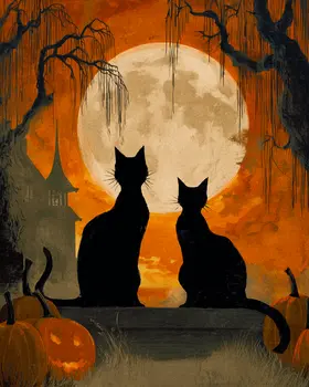 Two Black Cats Waiting Halloween Art Print - 8"x10" Artwork