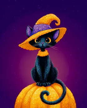Black Cat Witch on a Pumpkin Halloween Art Print - 8"x10" Artwork