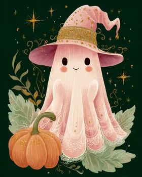 Cute Pink Ghost Halloween Art Print - 8"x10" Artwork