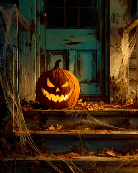 Scary Pumpkin on Doorstep Halloween Art Print - 8"x10" Artwork