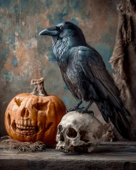 Crow, Skull, & Scary Pumpkin Still-Life Halloween Art Print - 8"x10" Artwork