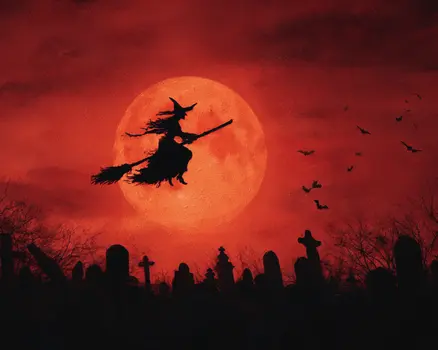 Witch Flying on Crimson Sky Halloween Art Print - 8"x10" Artwork