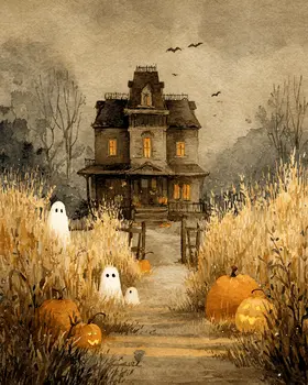 Ghosts & Haunted House Halloween Art Print - 8"x10" Artwork