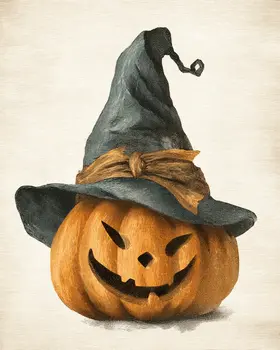 Scary Pumpkin Witch Halloween Art Print - 8"x10" Artwork