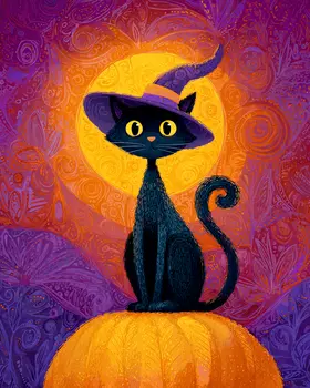 Black Cat Witch on a Pumpkin II Halloween Art Print - 8"x10" Artwork