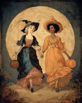 Two Happy Witches Halloween Art Print - 8"x10" Artwork