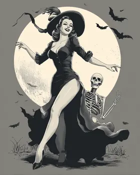 Carefree Witch & Skeleton Halloween Art Print - 8"x10" Artwork