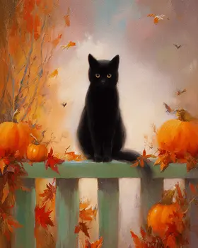 Black Cat on Porch Railing Halloween Art Print - 8"x10" Artwork
