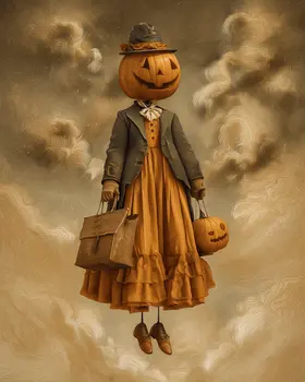 Vintage Lady Pumpkinhead Halloween Art Print - 8"x10" Artwork