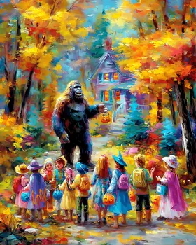 Bigfoot Asking to Go Trick or Treating Halloween Art Print - 8"x10" Artwork