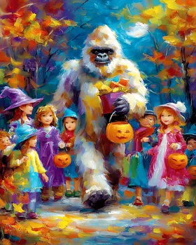 Bigfoot Trick or Treating Halloween Art Print - 8"x10" Artwork