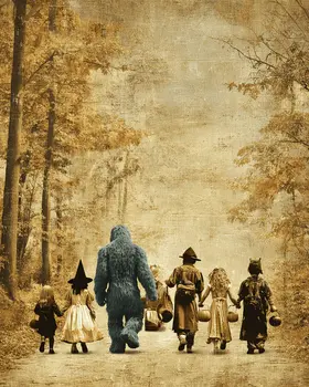 Bigfoot and Kids Heading Home After Trick or Treating Halloween Art Print - 8"x10" Artwork