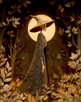 Vintage Witch Skeleton on a Walk Halloween Art Print - 8"x10" Artwork