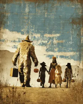 Bigfoot Witch Heading Home After Trick or Treating Halloween Art Print - 8"x10" Artwork