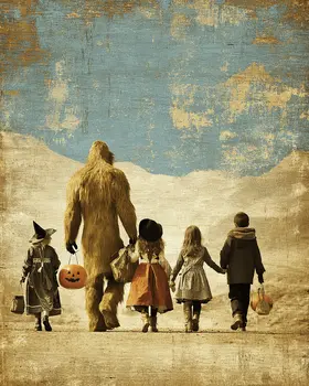Vintage Bigfoot Witch Heading Home After Trick or Treating Halloween Art Print - 8"x10" Artwork