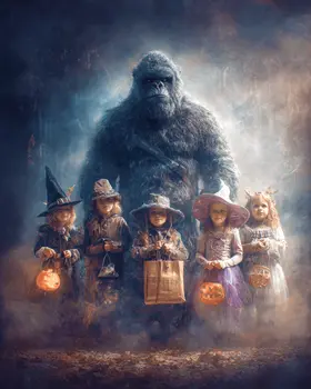 Bigfoot Poses with Kids for Halloween Pic Art Print - 8"x10" Artwork