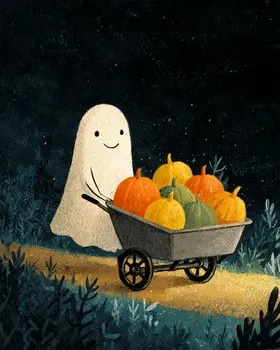 Happy Ghost Pushing Pumpkin Cart Halloween Art Print - 8"x10" Artwork