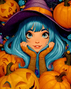 Happy Witch in Pumpkin Patch Halloween Art Print - 8"x10" Artwork