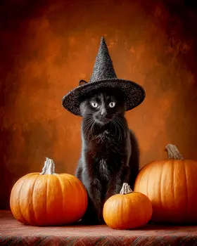 Black Cat Punpkin Still-Life Halloween Art Print - 8"x10" Artwork