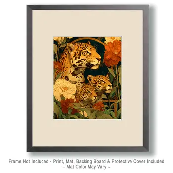 Nouveau Jaguar Mom with Cubs Big Cats Art Print - 8"x10" Artwork