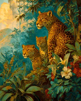 Vintage Jaguar Mom with Cubs Big Cats Art Print - 8"x10" Artwork