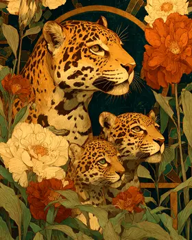 Nouveau Jaguar Mom with Cubs Big Cats Art Print - 8"x10" Artwork