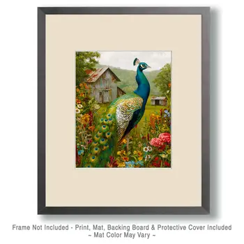 On the Farm - Peacock Peahen Peafowl Art Print - 8"x10" Artwork