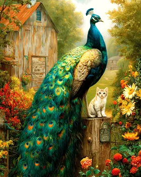Kitten with Peacock Peahen Peafowl Art Print - 8"x10" Artwork