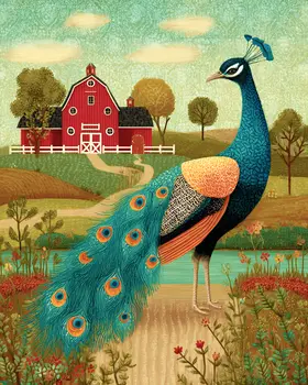 Folk Art Farm Scene with Peacock Peahen Peafowl Art Print - 8"x10" Artwork