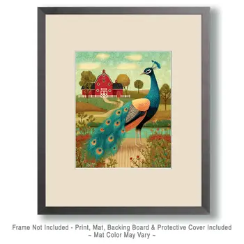 Folk Art Farm Scene with Peacock Peahen Peafowl Art Print - 8"x10" Artwork