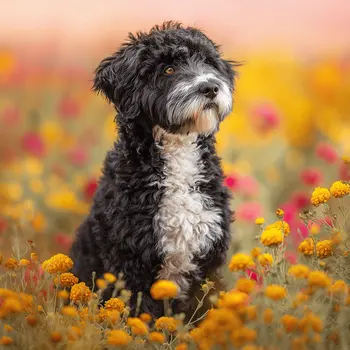 Portie in a Wildflower Field - Portuguese Water Dog Art Print - 8"x8" Artwork for 12"x12" Frame