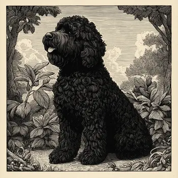 Vintage B&W Portie - Portuguese Water Dog Art Print - 8"x8" Artwork for 12"x12" Frame