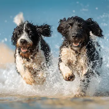 Two Porties Playing - Portuguese Water Dog Art Print - 8"x8" Artwork for 12"x12" Frame