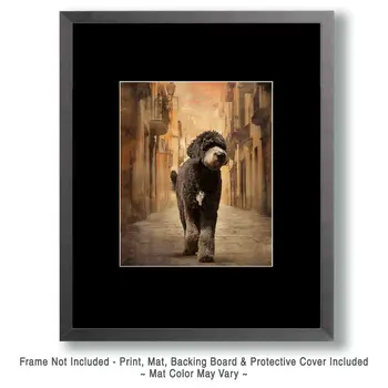 Giant Portie Walking Down City Street - Portuguese Water Dog Art Print - 8"x10" Artwork