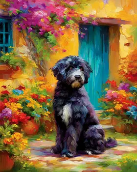 Portie in the Garden - Portuguese Water Dog Art Print - 8"x10" Artwork