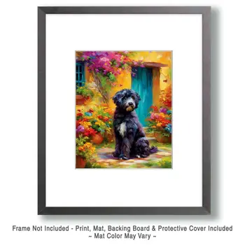 Portie in the Garden - Portuguese Water Dog Art Print - 8"x10" Artwork