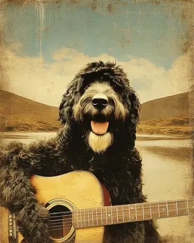 Portie Playing Guitar - Portuguese Water Dog Art Print - 8"x10" Artwork