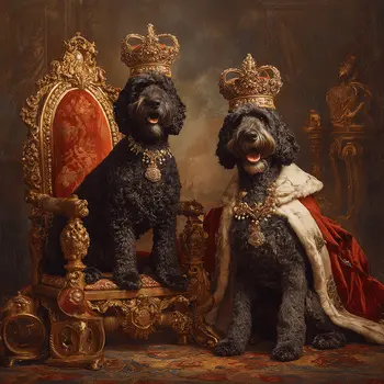 Vintage Royal King & Queen Porties - Portuguese Water Dog Art Print - 8"x8" Artwork for 12"x12" Frame