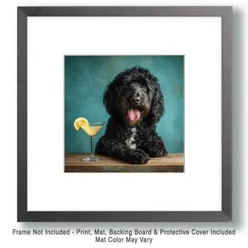 Portie Having a Martini - Portuguese Water Dog Art Print - 8"x8" Artwork for 12"x12" Frame