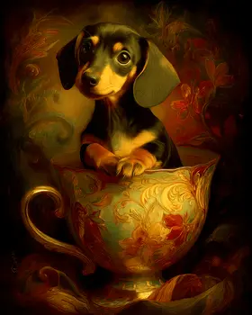 Cute Dachshund Puppy - Pup in a Cup - Art Print - 8"x10" Artwork